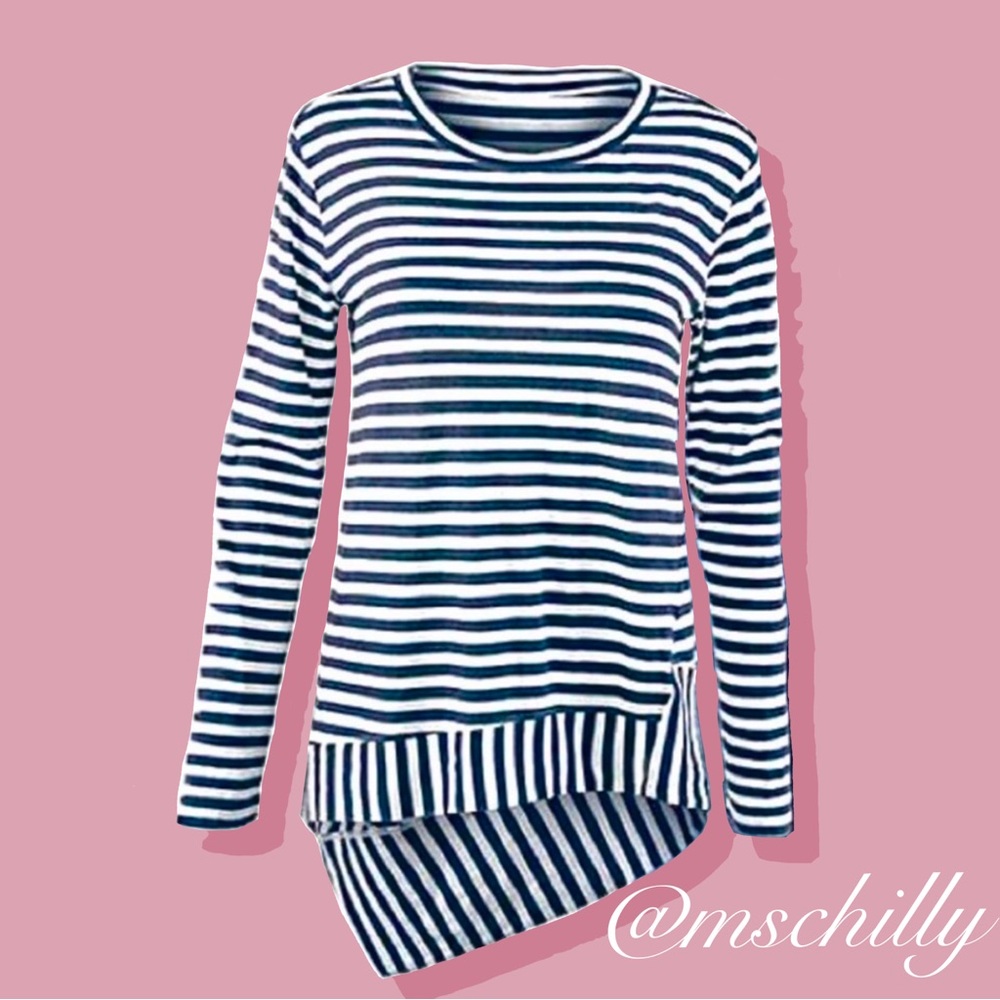 CAbi 256 Bengal Stripe Top Asymmetrical Hem White Blue M